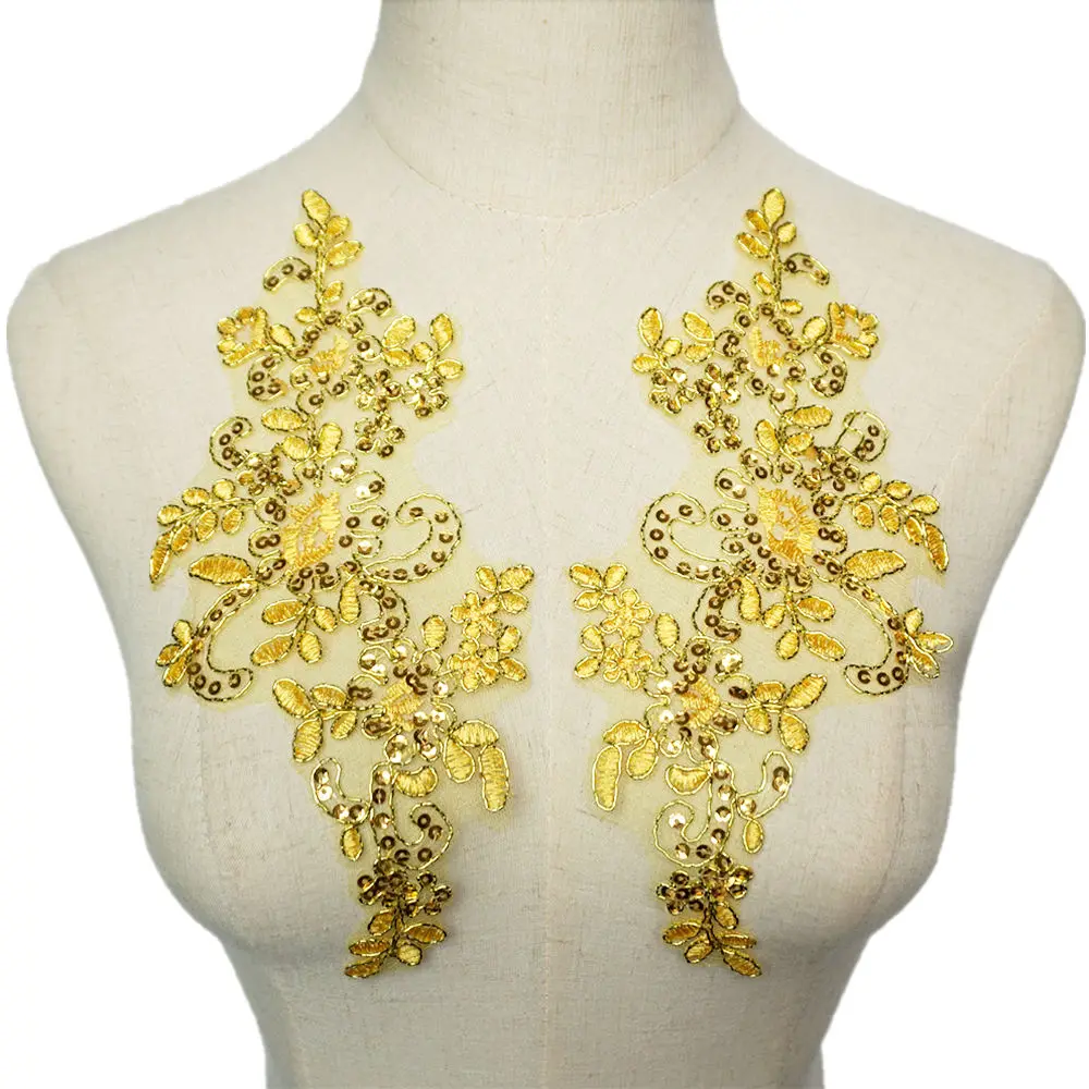 2PCS Gold Sequined Flowers Mesh Fabric Wedding Appliques Sew Patches Lace Embroidery For Evening Dress DIY Decoration