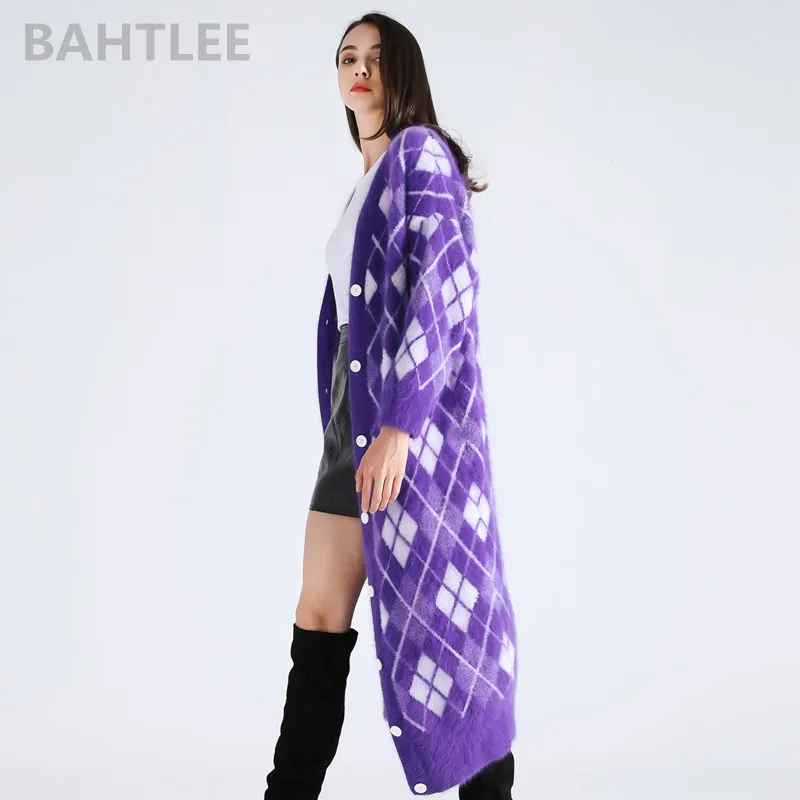 BAHTLEE-Women\'s Angora Surper Long Cardigans, Knitting Sweater, Mink Cashmere, Loose, Keep Warm, Geometric Pattern, Pocket, Wint