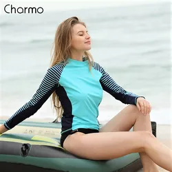 Charmo kobiety z długim rękawem Rashguard stroje kąpielowe w paski rashguardy Patchwork Surfing stroje kąpielowe dla kobiet Top do biegania UPF50 +