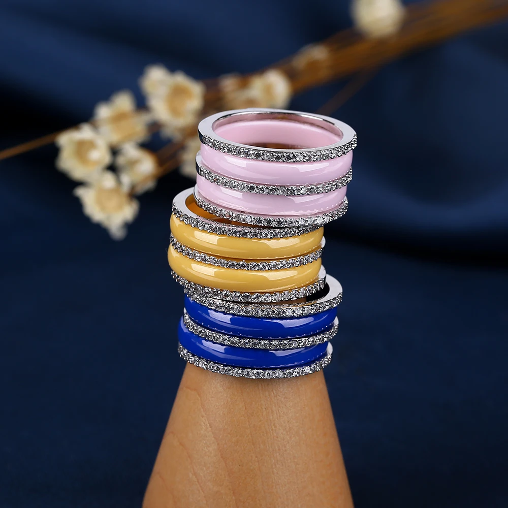 2019 Luxury Colorful Rings for Women 10mm Width Expansive Crystal Bright Blue Pink Yellow Ceramic Rings Jewelry Christmas Gift