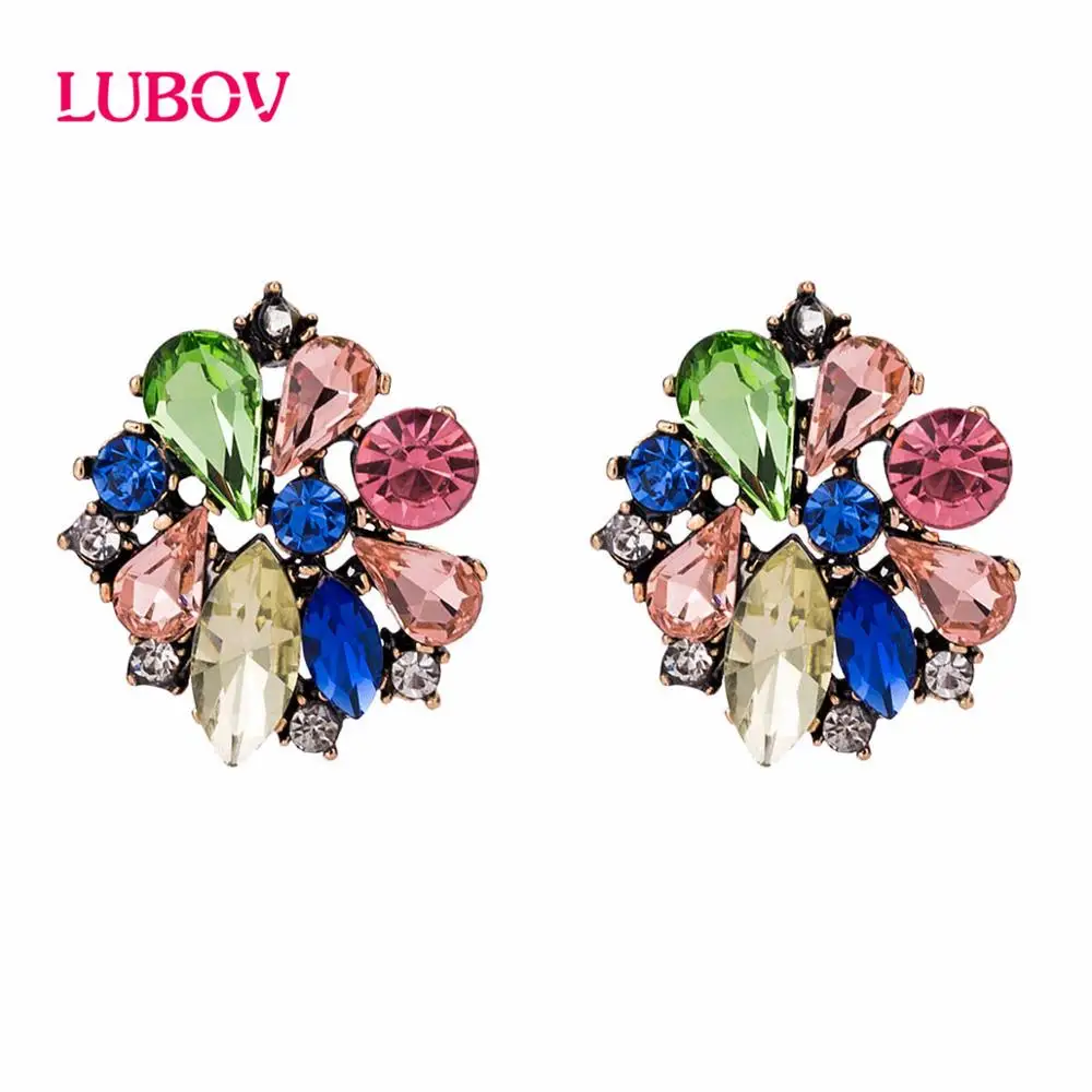 LUBOV Multi-color Crystal Flower Rhinestone Stud Earrings Anti Gold Color Piercing Earrings Trendy Women Wedding Party Jewelry