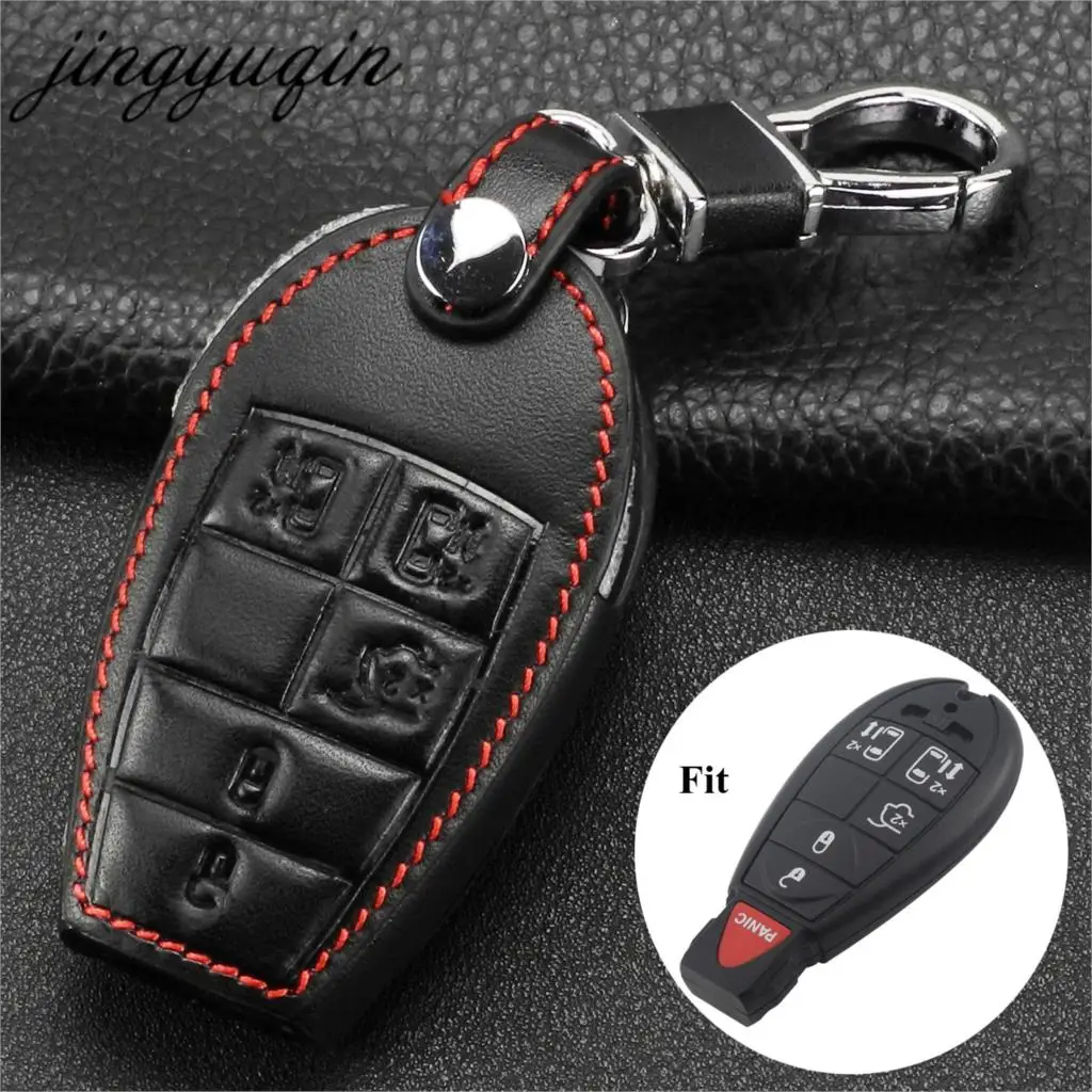 jingyuqin Leather Smart Fob Remote Key Cover for Chrysler Town & Country D-odge Grand Caravan Smart Keyless Case Fob 6BTN