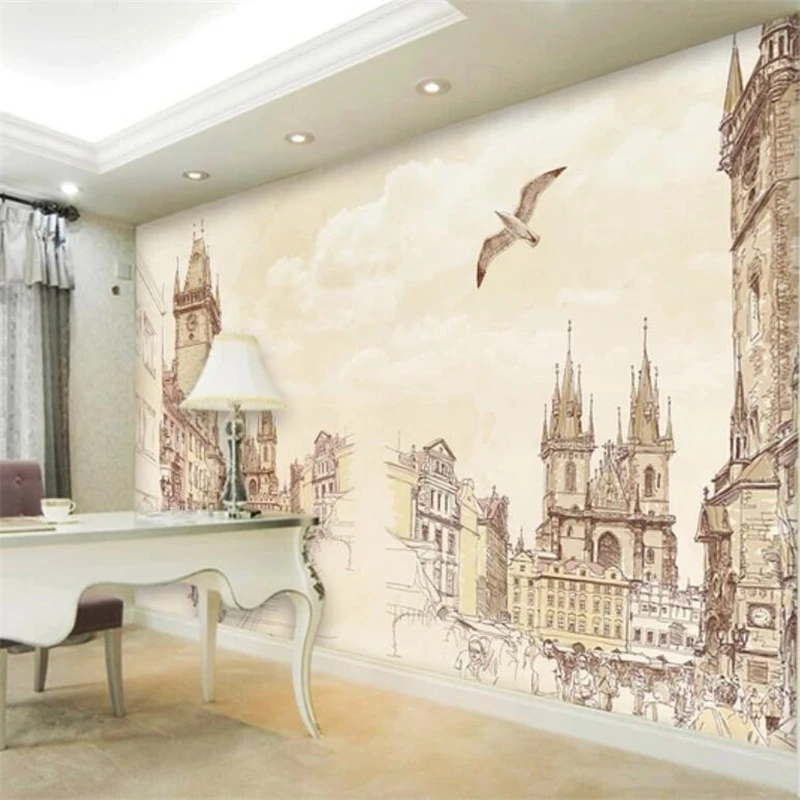 beibehang Custom wallpaper 3d mural nostalgic hand-painted Europe and America sketch city street view seagull mural 3d wallpaper