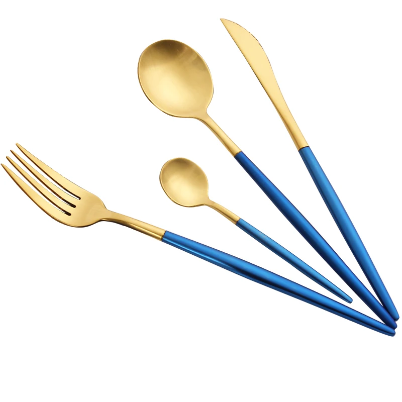 4/8/16/24PCS Golden Blue Wedding Dinner Set Western Cutlery Knife Fork Scoops Kitchen Food Dinnerware Set Kitchen Accessories