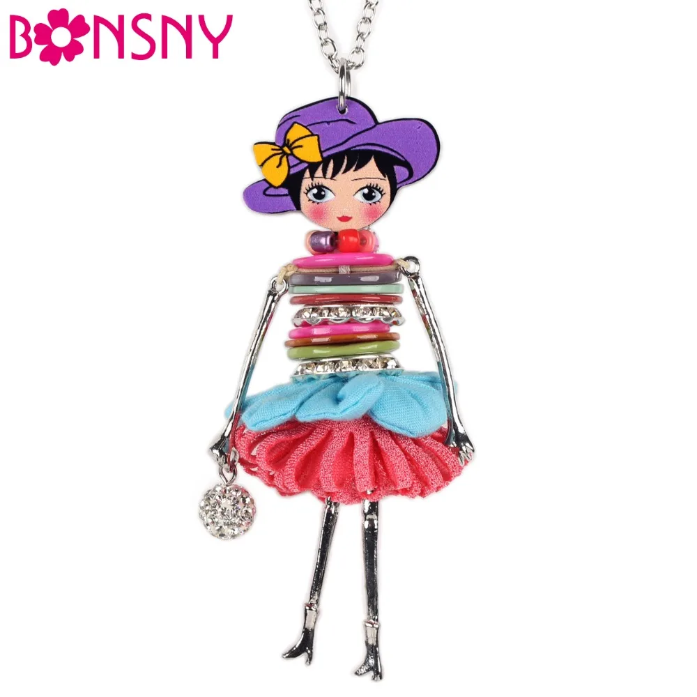 Bonsny Shell Crystal Doll Necklace Dress Handmade French Doll Pendant 2016 News Alloy Girl Women Flower Fashion Jewelry