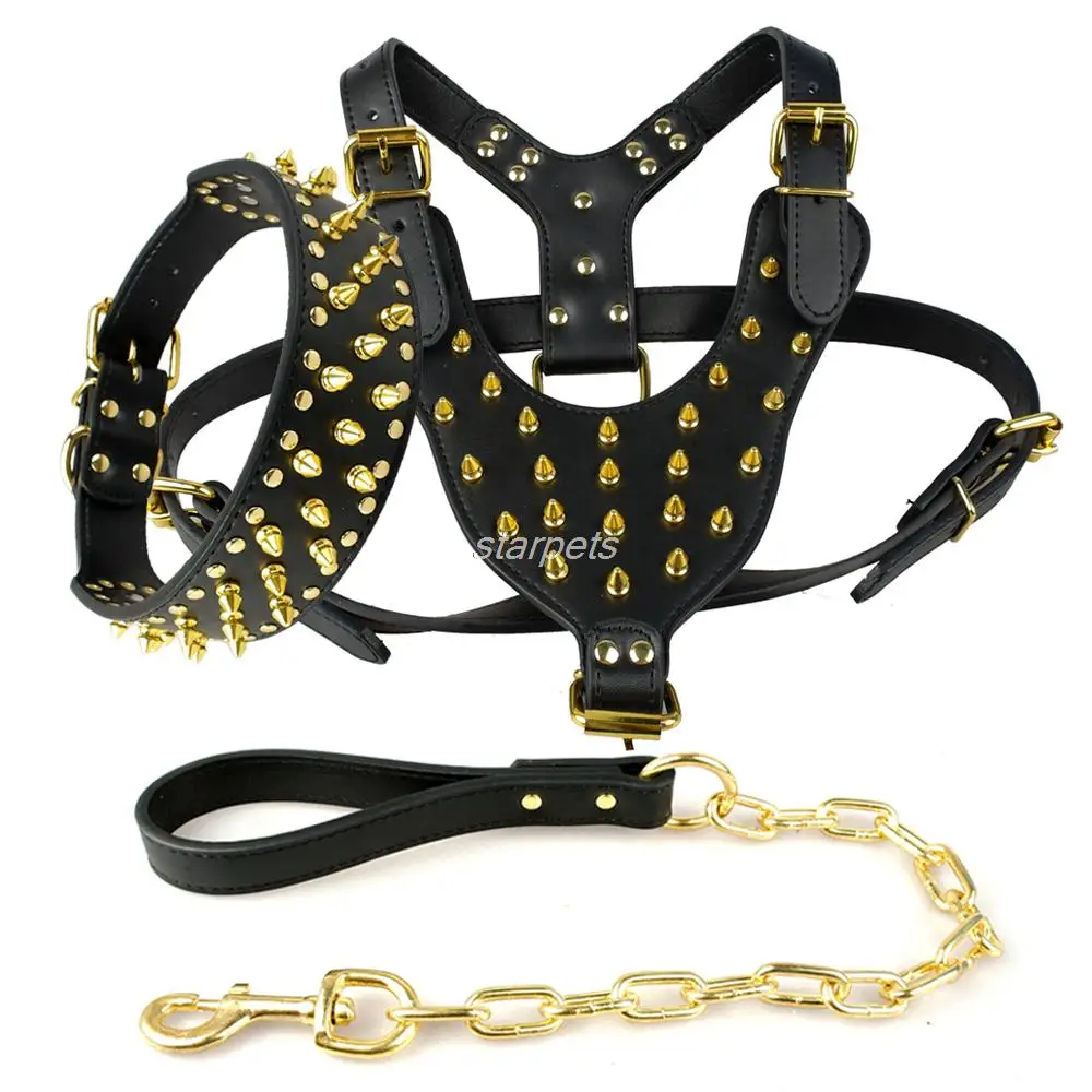 Cool Spiked Studded Leather Dog Harness Rivets Collar and Leash Set For Medium Large Dogs Pitbull Bulldog Bull Terrier  26\