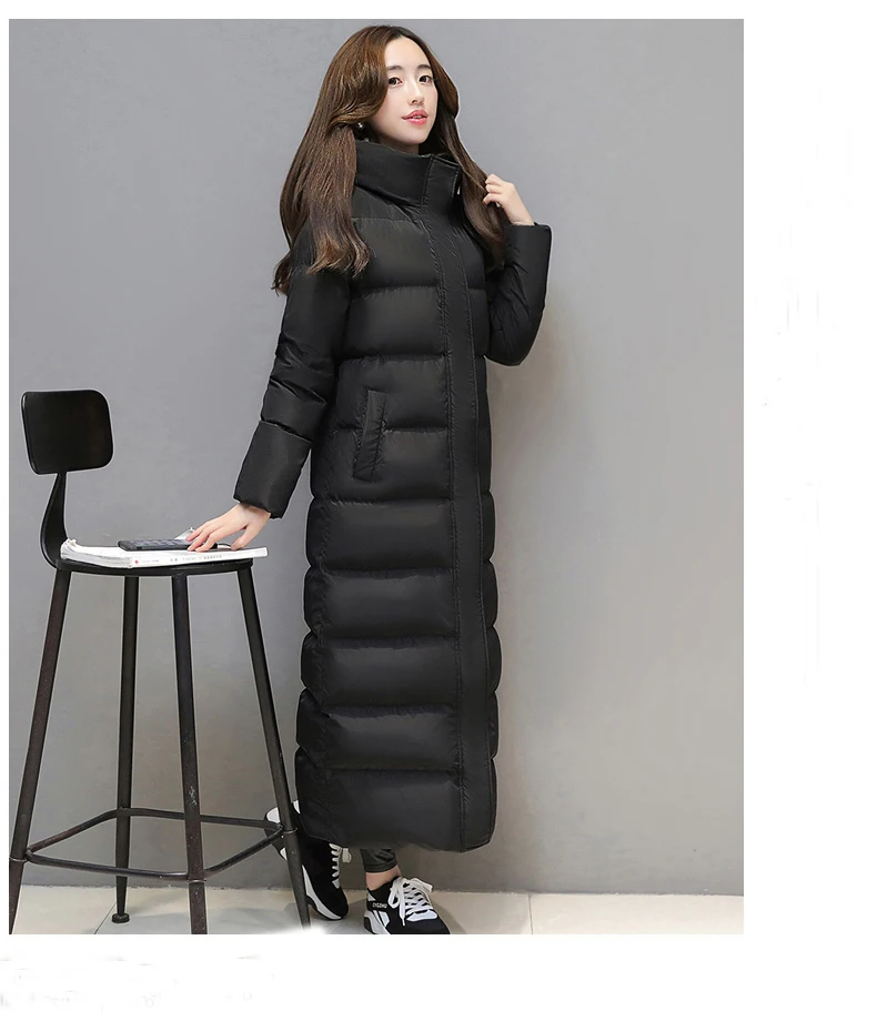 Women\'s super long down jacket winter puffer Thick coat Black Red Hooded zipper Keep warm