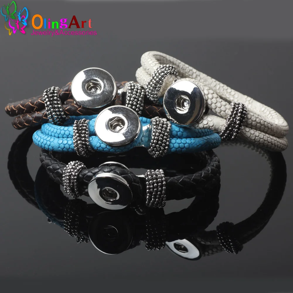 OlingArt 1pcs/Lot 4color PU leather Charm Bracelets For Women Fit 18mm Partnerbeads Snaps Button Jewelry European sweet style