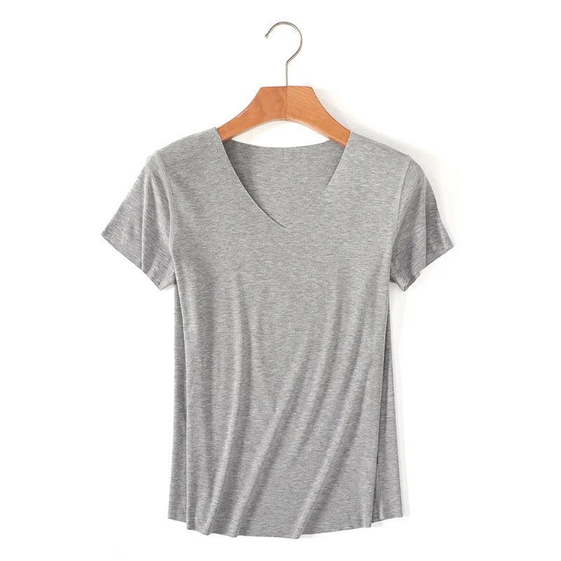 Women Essential T Shirt Basic Short Sleeve V Neck Tops Tees Solid Color Unfinished Viscose Stretch Top