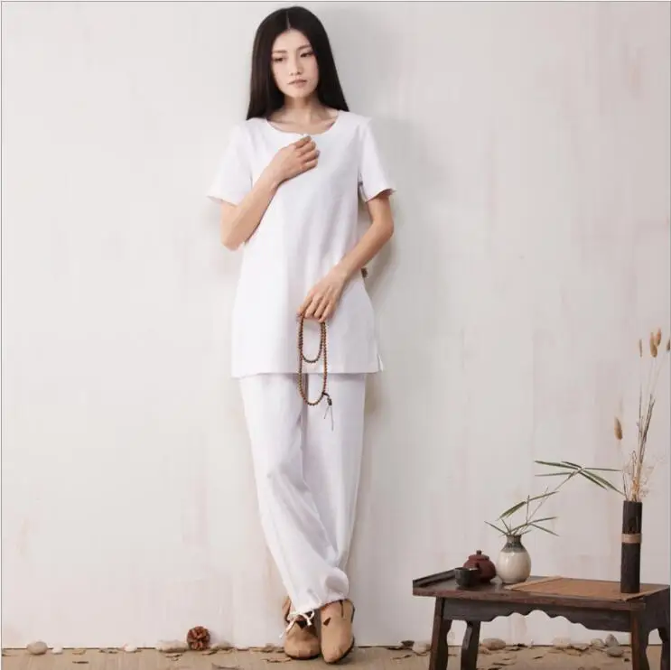 Quality Cotton linen Kungfu Suits Top + Pants Exercise Clothing Lady Summer Meditation Clothes Short sleeved Yoga apparel