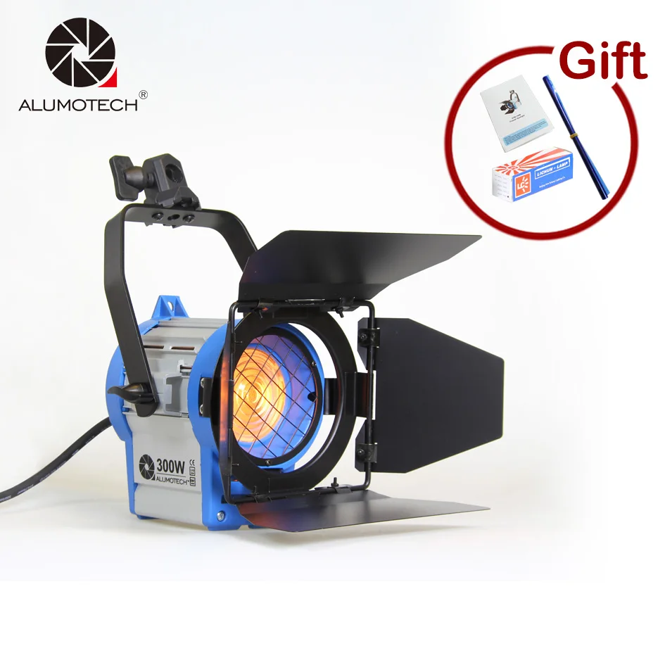 ALUMOTECH Fresnel Tungsten 300W photographic equipment Studio Video Light For Camera Compatible+Bulb+Barndoor Free Shipping