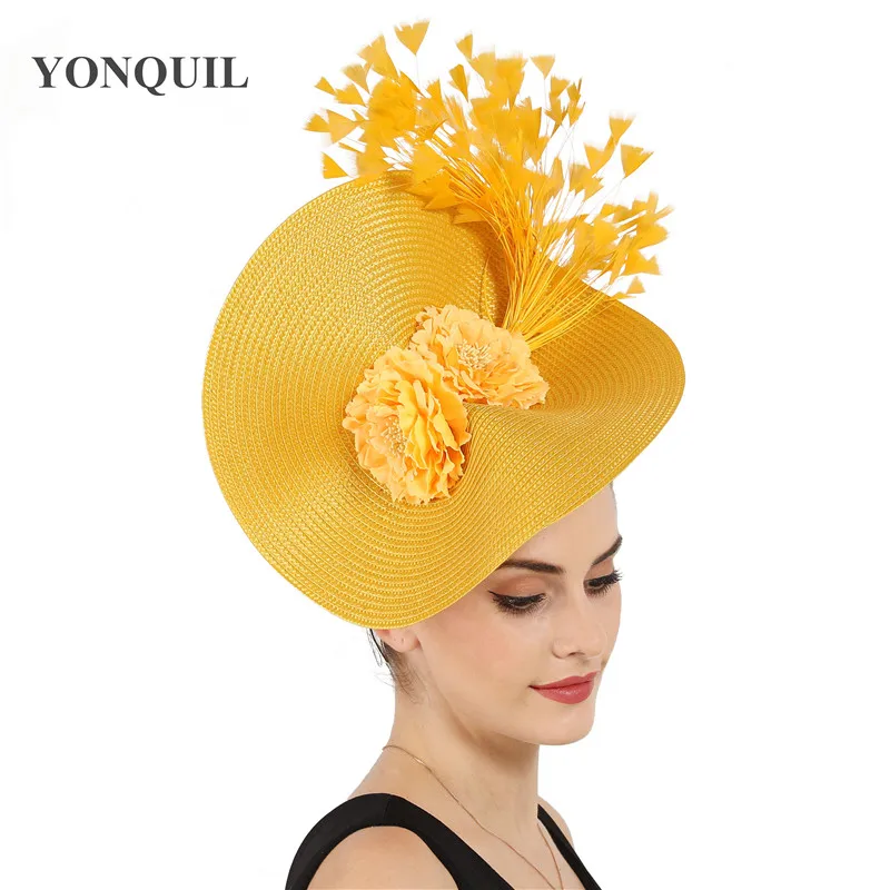 

Vintage yellow Hair Accessory Women Feather Fascinator Hair Clips Elegant Wedding Bridal Party Headpiece Prom Cocktail Headwear