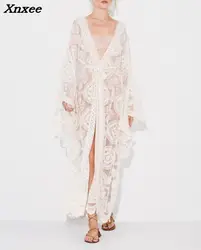 2018 Summer Women White Flare Sleeve Sexy Dress Boho V-Neck Lace Maxi Dress Sashes A-Line Beach Dresses Xnxee