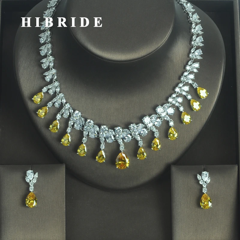 

HIBRIDE Luxury Sparkling Yellow Water Drop Shape AAA CZ Stone Women Earring Necklace Sets Jewelry Sets Jewelry N-332