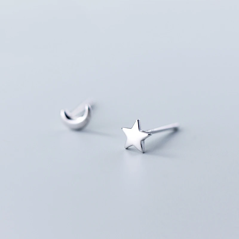 MloveAcc 100% 925 Sterling Silver Star Moon Stud Earrings for Women Silver Small Cute Earrings Fashion Jewelry Brincos