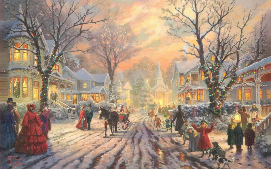 

Victorian Christmas Carol Holiday Village tree background High quality Computer print party backdrop