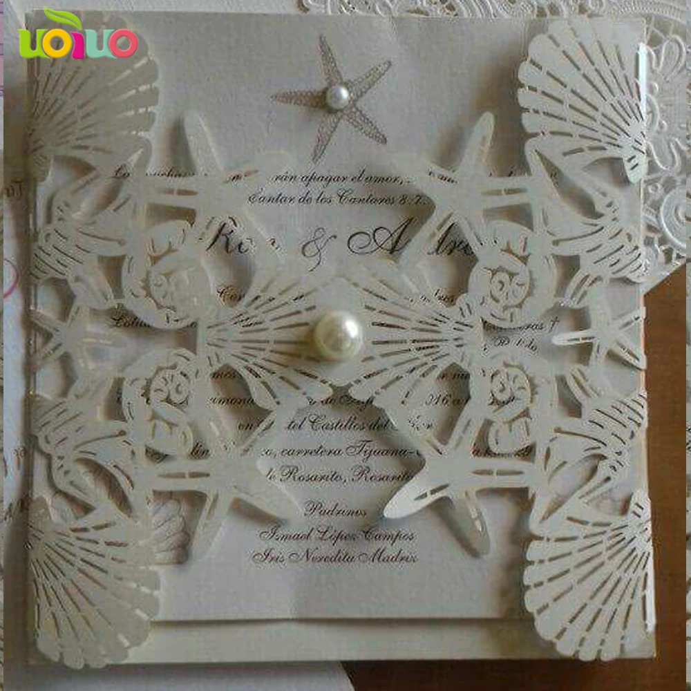 free rhinestone customized 50set inc46 shell star Laser Cut Wedding Invitations Card Greet Card Personalized Custom ,ivory card