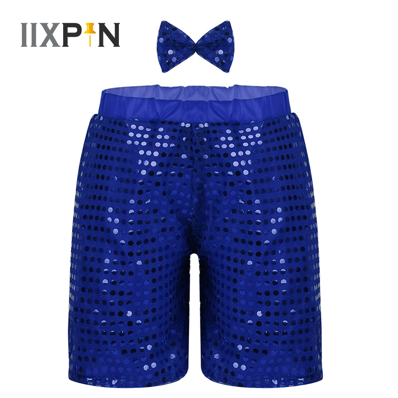 

IIXPIN Jazz hiphop costume Kid Boys Girls dance costume Glittery Sequined Shorts with Bow Set for Choir Jazz Dance Stage costume