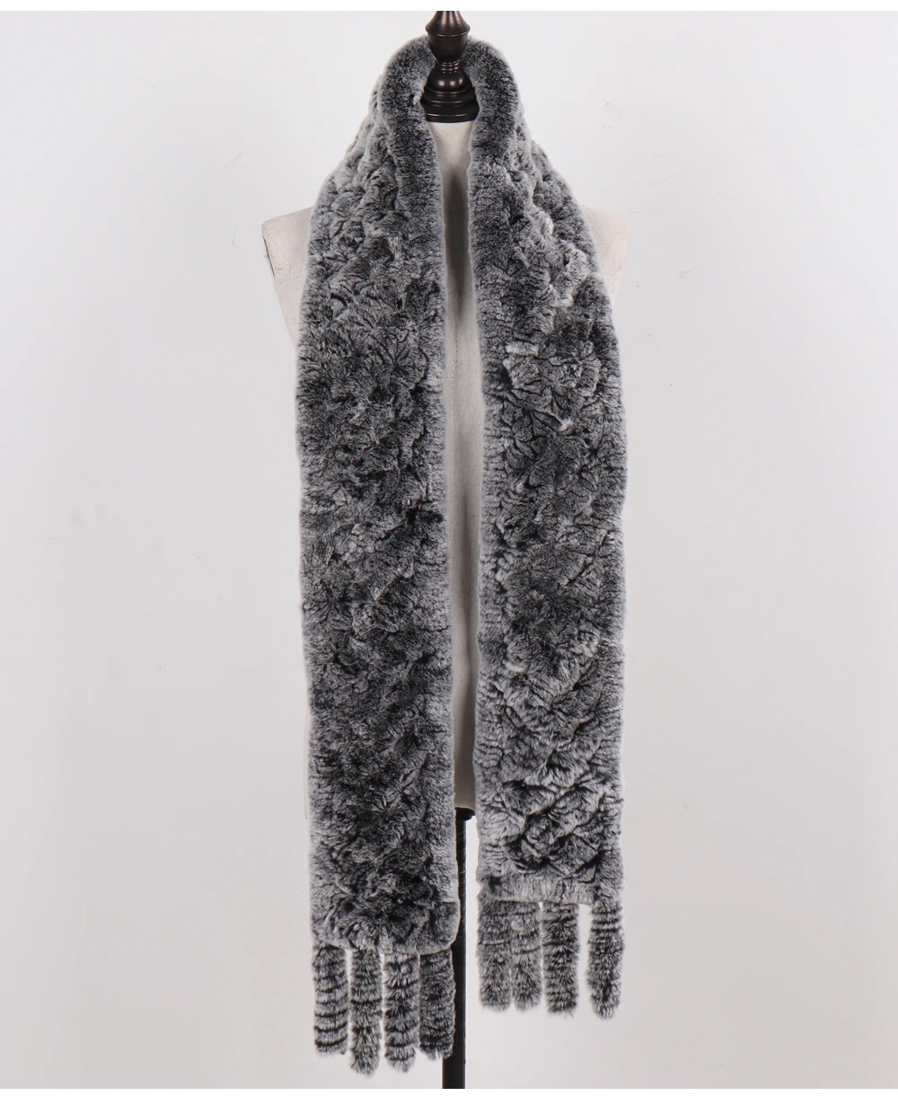 Neue Damen-Schals aus 100% natürlichem Rex-Kaninchenfell, langer Stil, gestrickte Rex-Kaninchenfell-Quastenschals, warme Echtfell-Schals für den Winter. – Detail 10