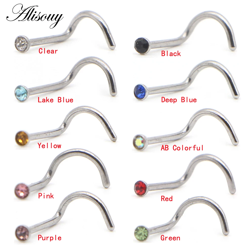 Alisouy 1pc Fashion Stainless Steel Tiny Crystal Rhinestone Nose Studs Hooks Bar Pin Nose Rings Body Piercing Jewelry For Women