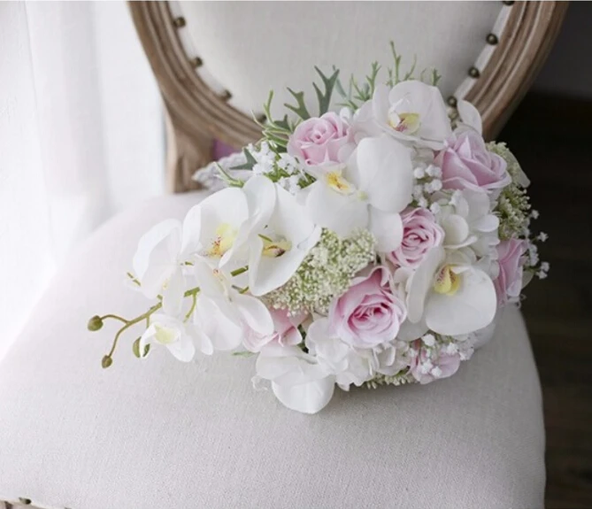 Flores artificiais cascata, buquê de rosas de orquídea rosa marfim 2018