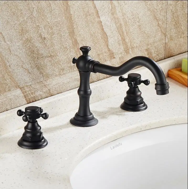 Dual cross Handle 3 Hole install Basin Sink Faucets Deck Mounted Oil Rubbed Bronze Bathroom Vessel Sink Faucet