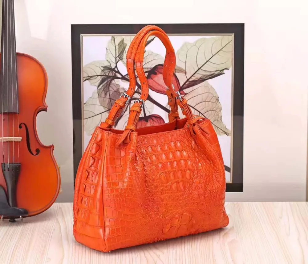 2018 new design fashion high end quality 100% real genuine crocodile skin women tote handbag orange color crocodile head skin