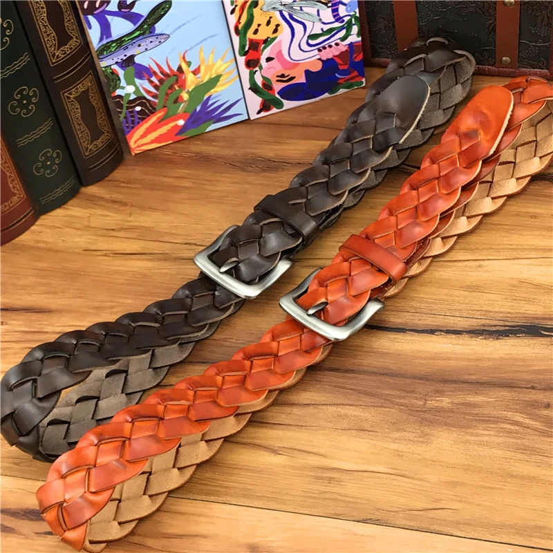 Ceinture en cuir tressé pour homme et femme, accessoire de haute qualité, fait à la main, de luxe, large, en cuir véritable, MBT0508