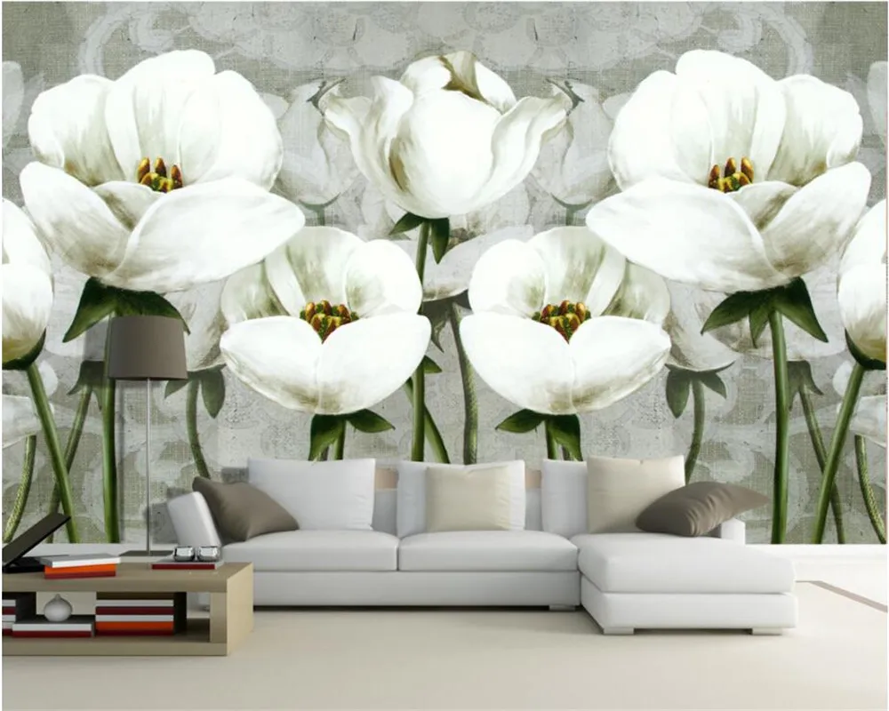 

beibehang Custom 3d wallpaper classic hand painted white floral mural sofa TV living room bedroom background wall 3d wallpaper