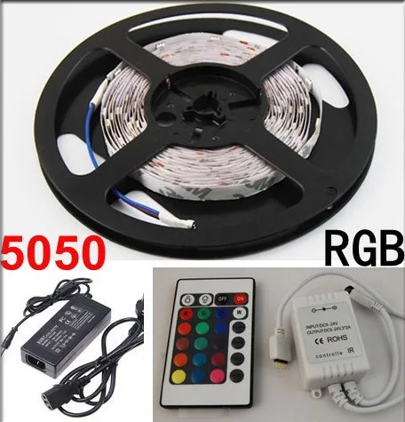 5050 SMD Led RGB Strip Non Waterproof +24key IR Remote Controller+ 5A 12V US/EU Power 5M