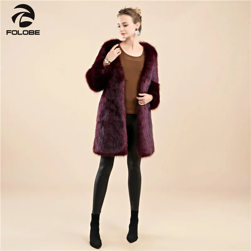 FOLOBE Women Winter Faux Fur Coat Female Luxury Artificial Fur Coats Jackets O-Check Burgundy Long Outwear Women Clothing