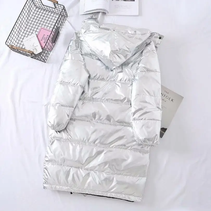 Winter Fashion Down Cotton Coat Hooded Silver Glossy Thicker Warm Jacket Long Sleeve Cotton-padded Outwear Casual Coat L1774