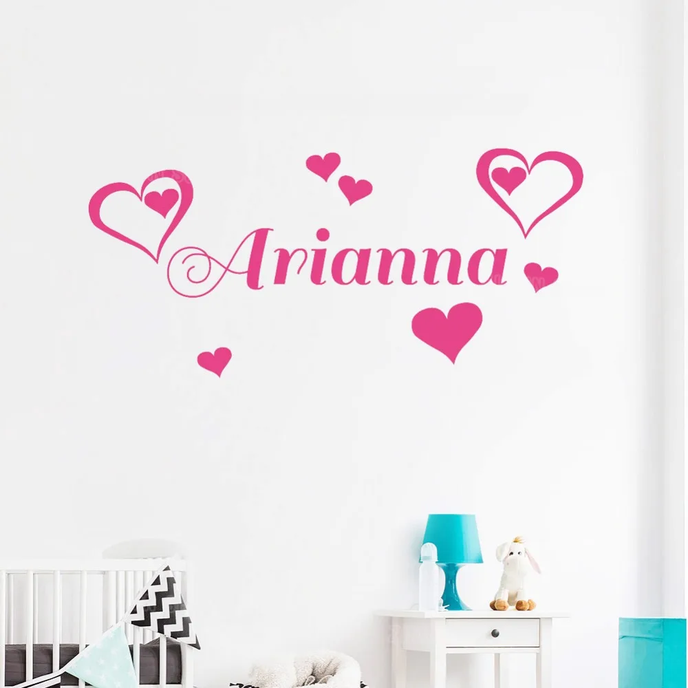 Custom Name Double Heart Wall Sticker Bedroom Hipster Lovely Kids Room Decor Girl Nursery Wall Decals Personalized Decal Z286