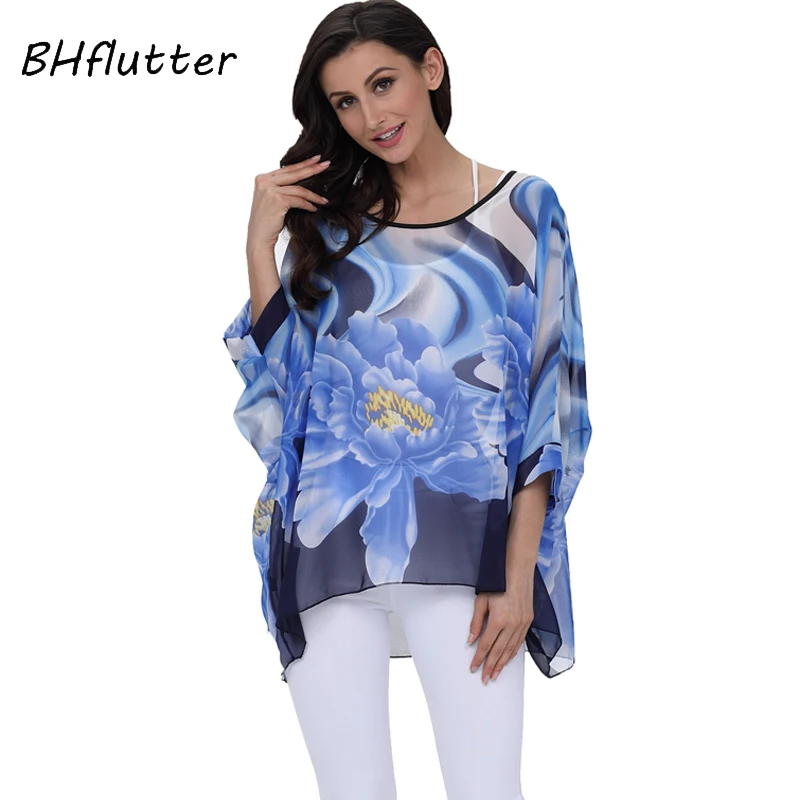 BHflutter Women Blouses 2018 New Fashion O neck Batwing Summer Blouse Boho Style Beach Chiffon Shirts Tops Plus Size 4XL 5XL 6XL