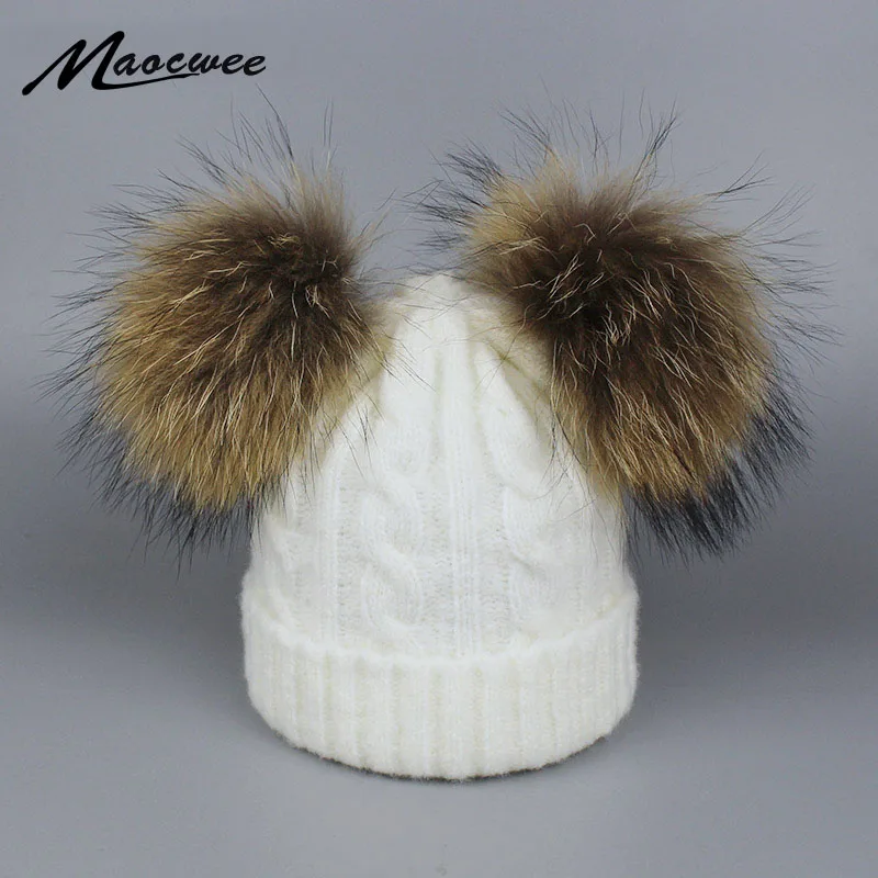 Real Fur Winter Hat Raccoon Two Pom Pom Hat For Women Brand Thick Women Hat Girls Caps Knitted Beanies Cap Wholesale 2018 New