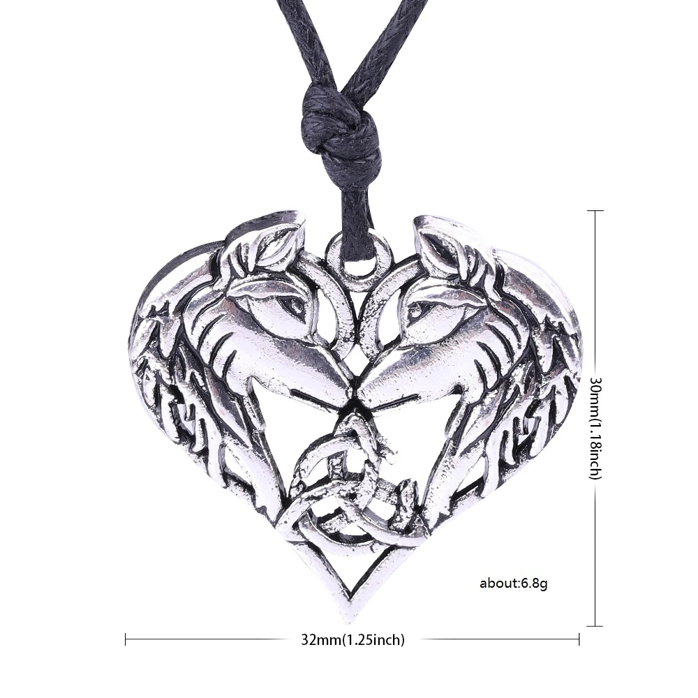 My shape Vintage Wolf Necklace Celtics Knot Pendant Animal Vinking Wolf Heart Necklaces Wax Rope Chain for Men Couple Jewelry