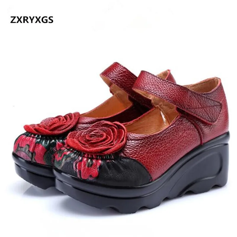 ZXRYXGS New 2024 Famous Spell Colors Flowers Cowhide Leather Shoes Woman Fashion Shoes Platform Wedges Women Shoes High Heels