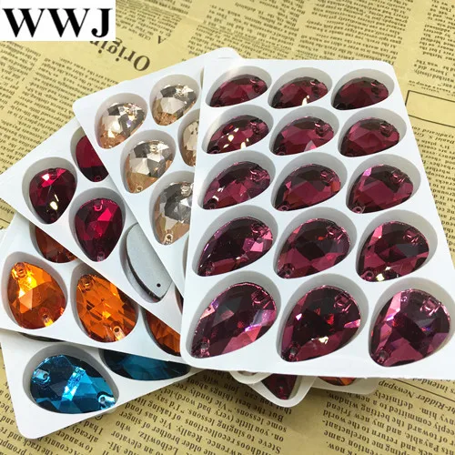 

Wholesale 60pcs/box 17x28mm Drop Water Sew On Stone 2 Holes Foiled Flatback 28x17mm Teardrop Sewing Glass Crystals