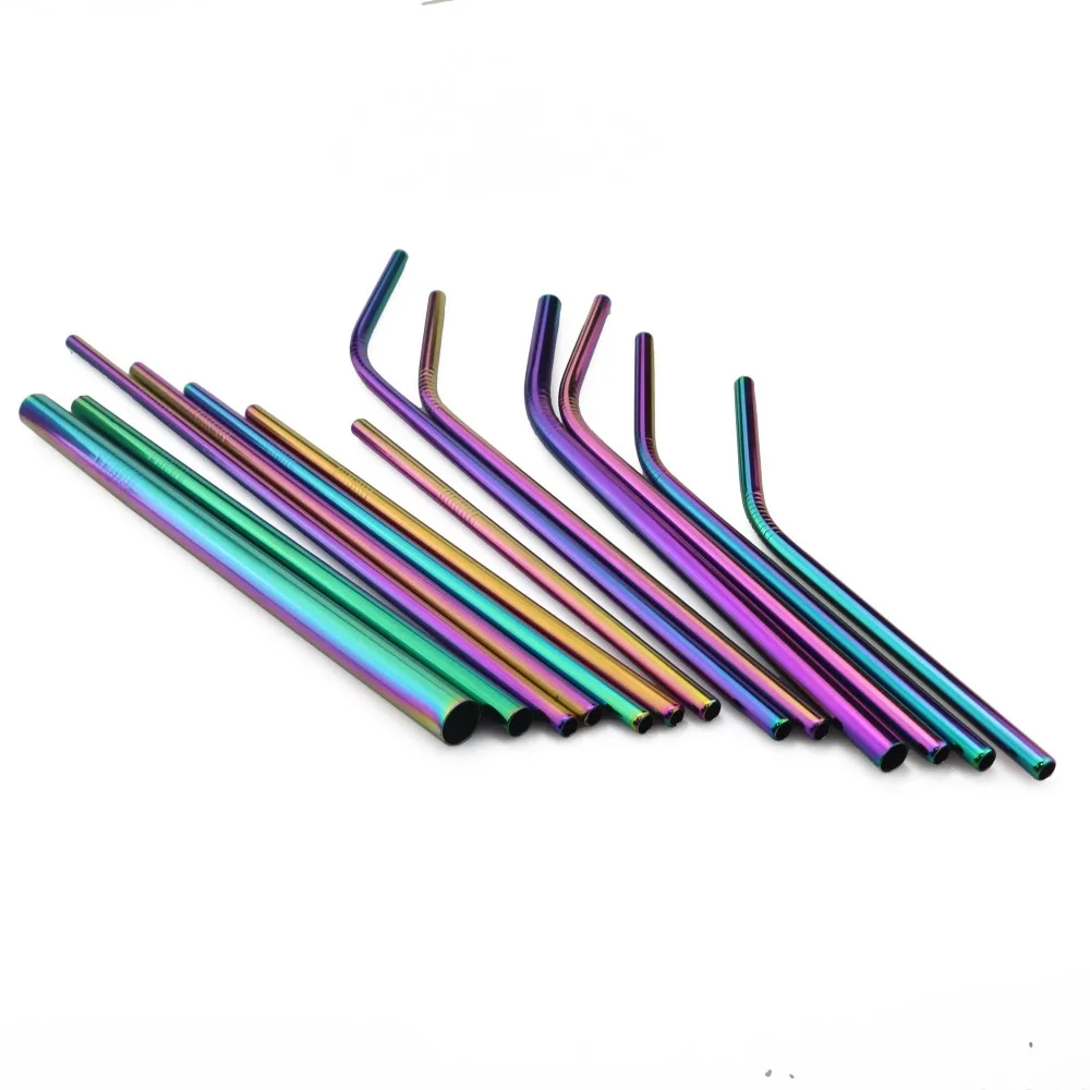 JANKNG 2 Pcs Colorful Rainbow Straw 304 Stainless Steel 16/19/21/23/26cm Straws 6/8/12mm Reusable Bent Metal Drink Straw Brush