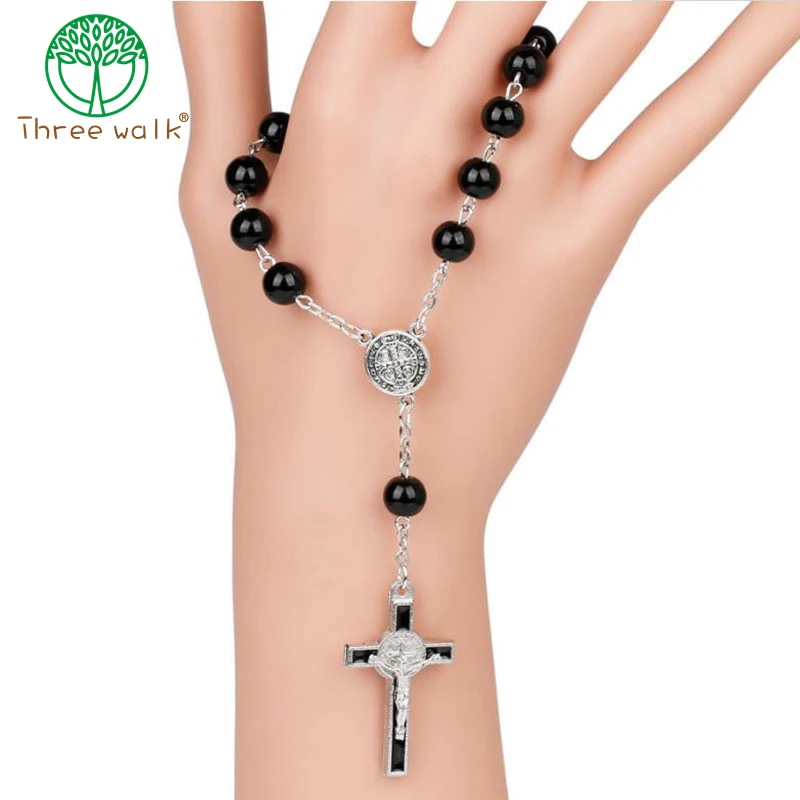 

CR004 10pcs Vintage Black Beads Catholic One-Decade Rosary Glass St Benedict Connectors INRI Crucifix Bracelet Statement