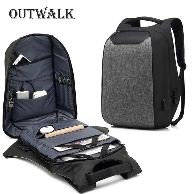 

OUTWALK Men's Backpacks Bolsa Mochila for Laptop Lock Design Anti Theft Rucksack Travel USB Charge School Backpacks For Students