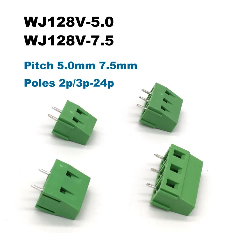 50 Stück PCB-Klemmenblöcke mit Schraubanschluss, 5,0/7,5mm Rastermaß, Gerade Stiftleiste 2/3P WJ128V, Elektrische Kabelanschlüsse 300V 10A – Detail 1