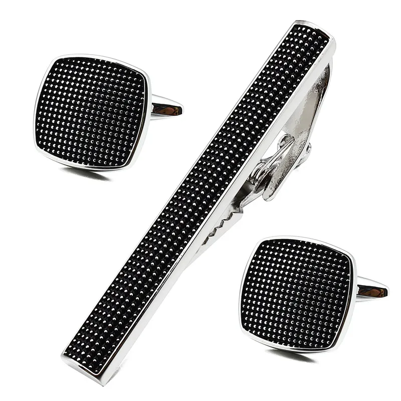 

Square Black Enamel Man Shirt Cuff Links and Tie Bar Clips Set for Business Accessories Best Gift for Man
