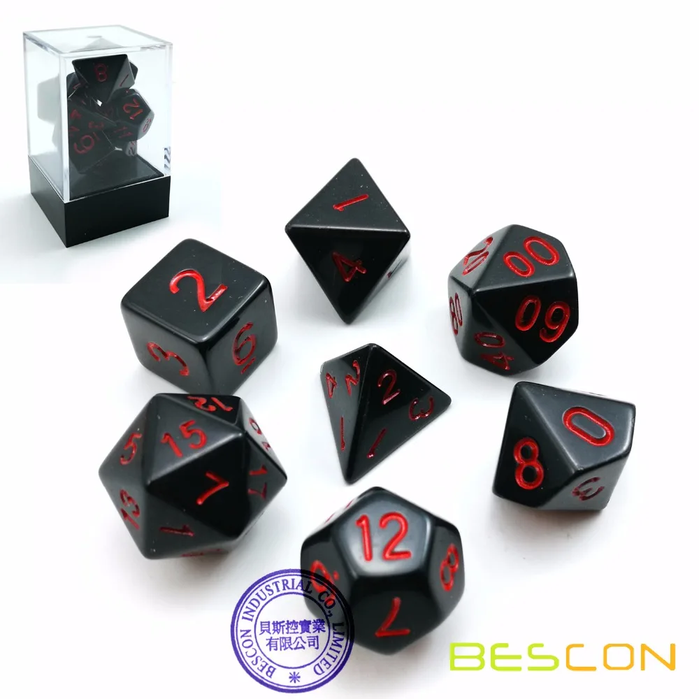 Bescon Polyhedral Dice Set Opaque Black with Red Numbers, Black RPG Dice Set of 7 d4 d6 d8 d10 d12 d20 d% Brick Box Pack