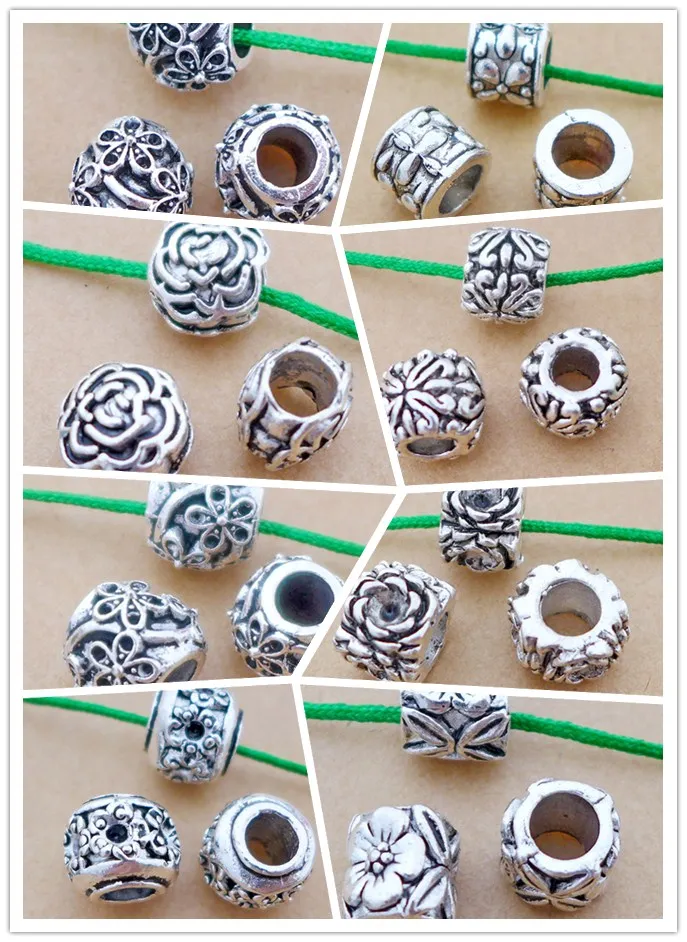 alloy antique silver big hole bead with flower/charm pendant diy free shipping 20/50pcs/lot 11styles top quality