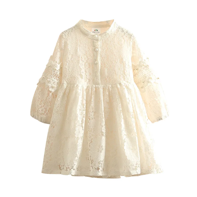 2025 Spring Autumn 3 4 6 8 10 to 12 Years Child England Style Princess Pearl Lace Knee Length Kids Baby Girl Long Sleeve Dress