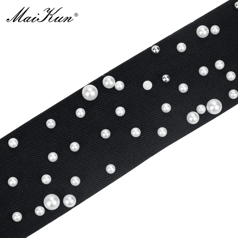 Maikun Elastic Wide Belts for Women Fashion Metal Buckle Luxury Designer Pearl Decoration Female Cummerbund