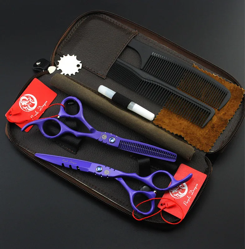 

535# 5.5inch Brand Purple Dragon 4Pcs Hairdressing Scissors 440C Barbers Bang Cut Cutting Scissors Thinning Shears Hair Scissors