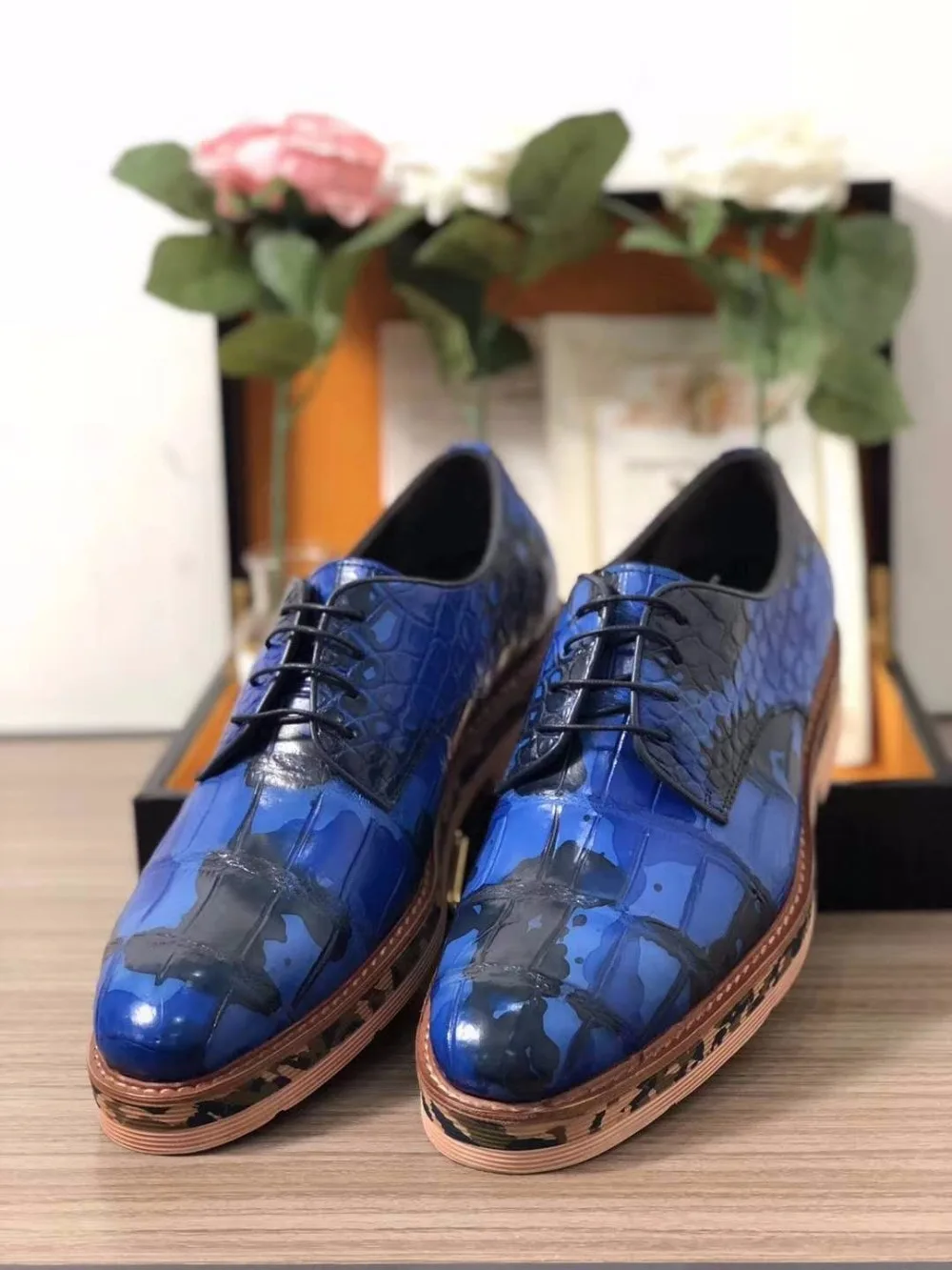 

2018 Genuine real genuine crocodile belly skin men business shoe Camouflage blue color top quality fast free shipping