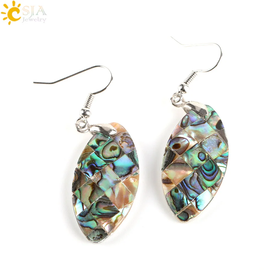 CSJA Natural Dangle Hook Earrings Paua Abalone Shell Bead Pendant New Zealand Olivary Earring Women Hanging Fashion Jewelry E357